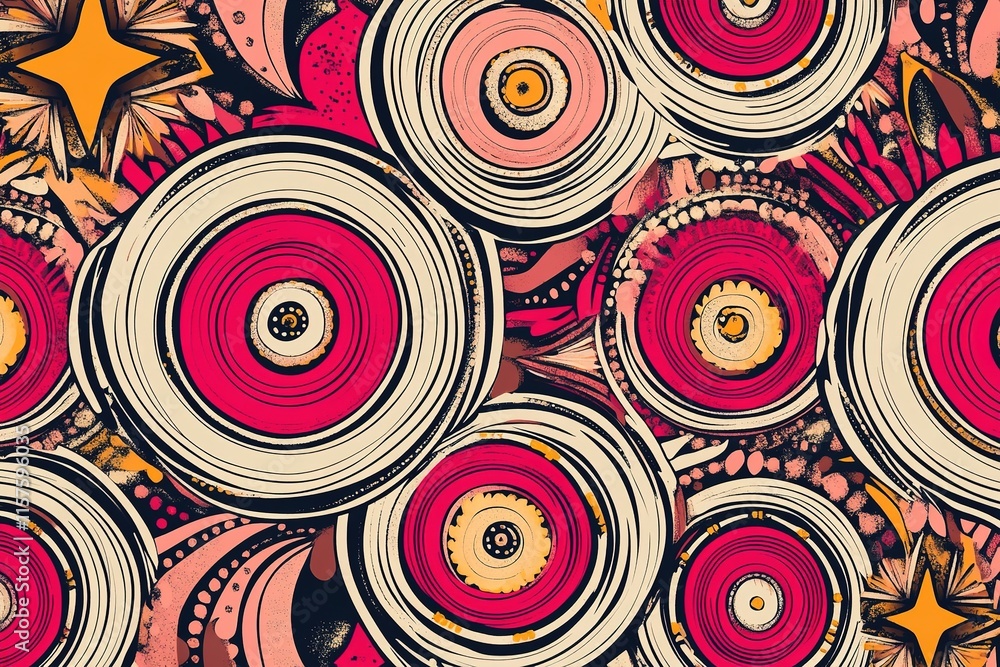 Poster colorful circular patterns blend with intricate designs, creatin