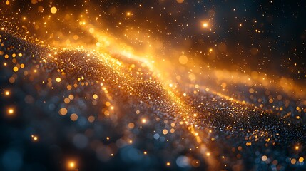 Fototapeta premium Abstract gold and blue glittering particles wave, dark background.