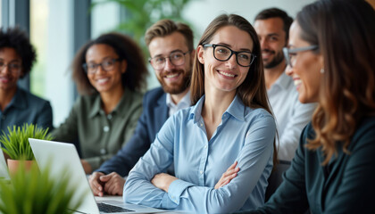 Diverse corporate employees sit in office, engaging in productive discussion training session. Confident, smiling, collaborate, share ideas. Successful businesspeople, potentially managers