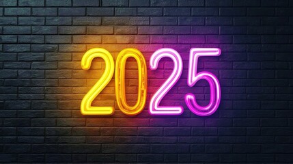 Bright Neon 2025 Sign on Dark Brick Background for Celebration Theme