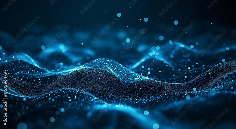 Poster 3d rendering of an abstract black background with flowing waves of particles and dots, embodying a f