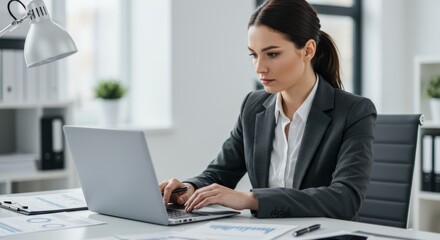 A focused businesswoman typing on a laptop at the office

