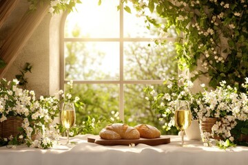 Imagine a tranquil Easter celebration setting filled with freshly baked pastries and sparkling beverages, beautifully surrounded by vibrant flowers, as sunlight gently filters through a window