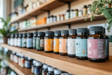 Amber supplement bottles on wooden shelf in health food store.