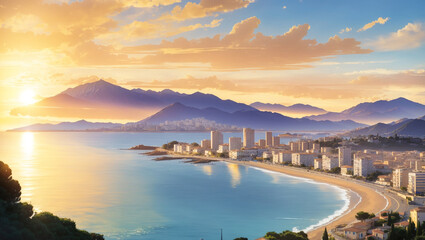 A scenic illustration depicts a coastal city at sunset. The artwork is a landscape categorized as "Illustrative Editorial content" on Adobe Stock.