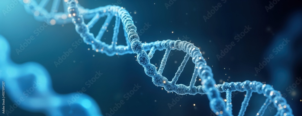Poster detailed 3d model shows dna double helix structure. scientific illustration highlights complex molec