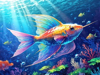 Fototapeta premium Dazzle painting illustration of isolated colorful fish with a water plants background