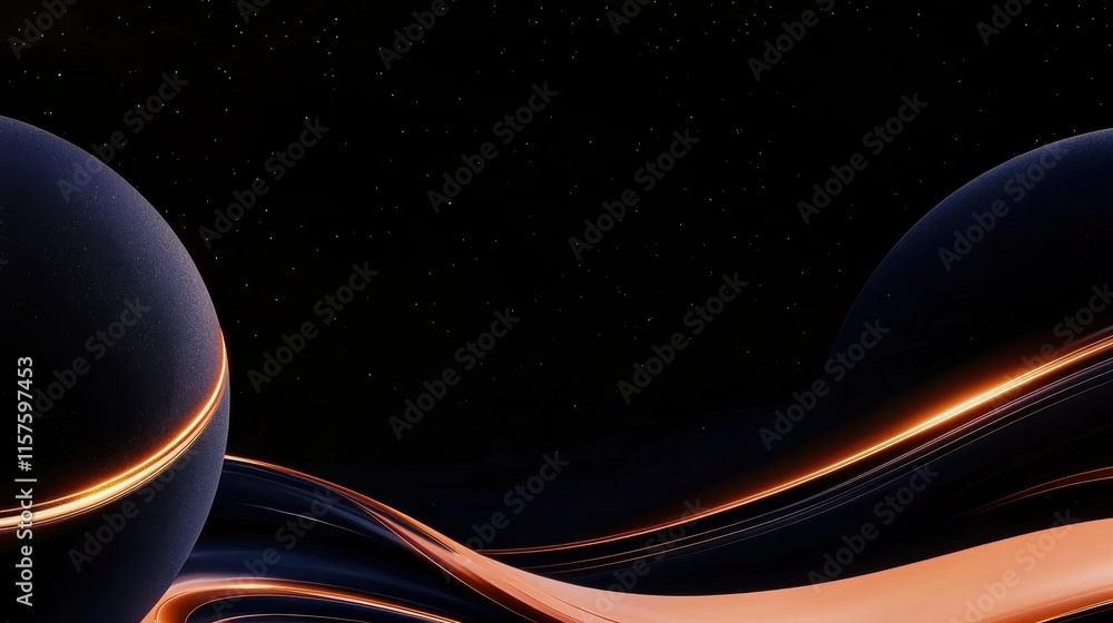 Poster dynamic layered matte abstract spheres with glowing gold elements in futuristic space environment