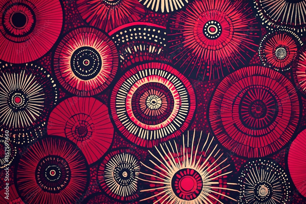 Poster bold circular patterns create vibrant tapestry of red and gold t