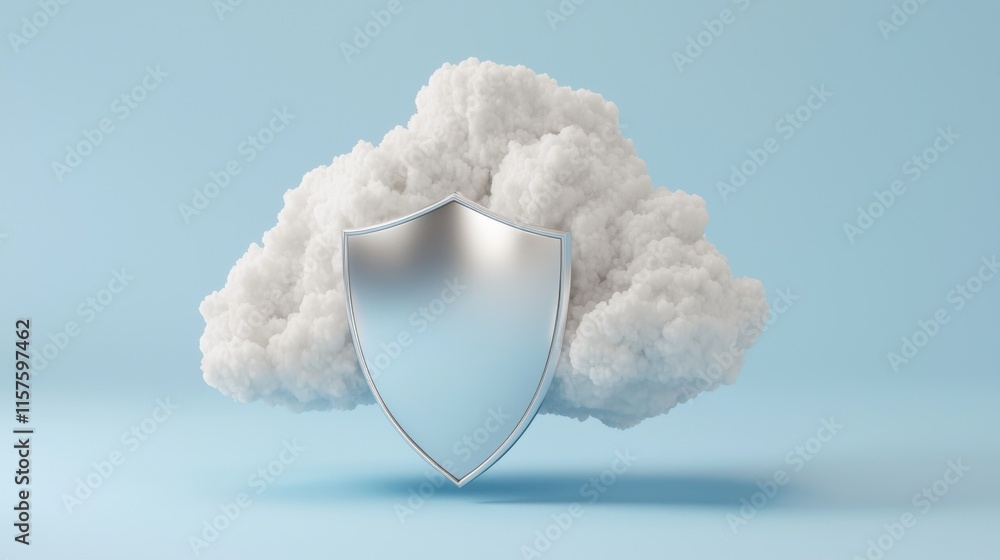 Poster minimalist cloud with shield symbolizing cloud security digital space graphic design soft environmen