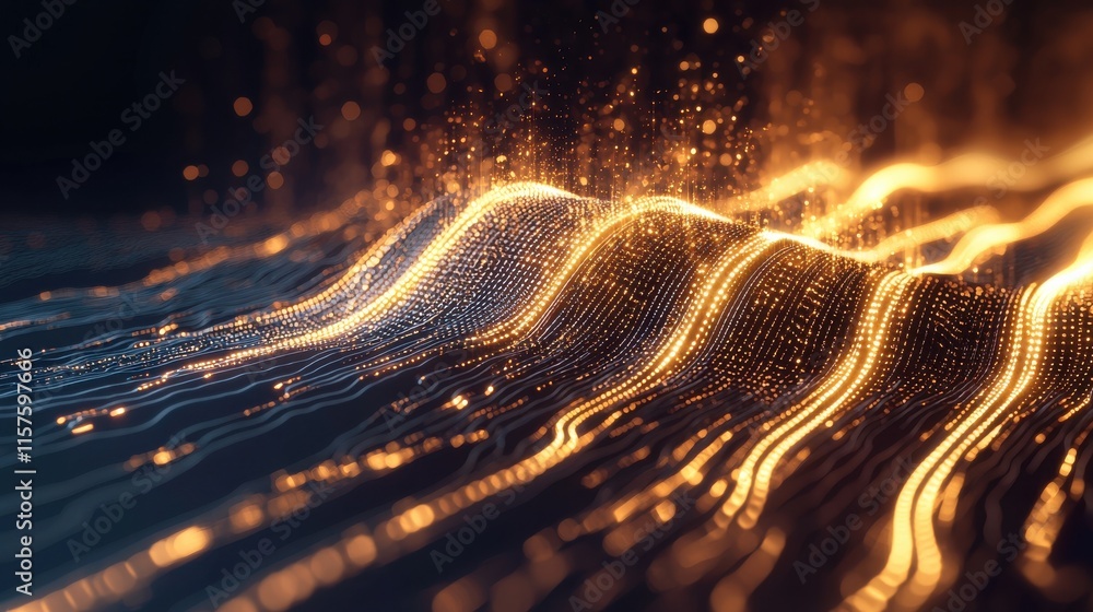 Poster dynamic digital waves representing minimalist firewall absorbing cyber threats in a high-tech enviro