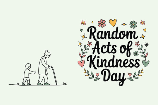 A minimalist illustration of a small child assisting an elderly person, promoting kindness and empathy and celebrating Random Acts of Kindness Day through heartfelt visuals.