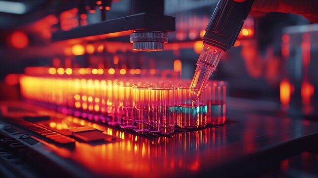 Automated liquid handling robotic arm dispensing colorful liquids into test tubes.