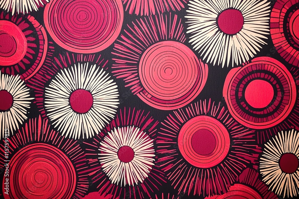 Poster bold circular patterns in vivid red and cream create striking vi