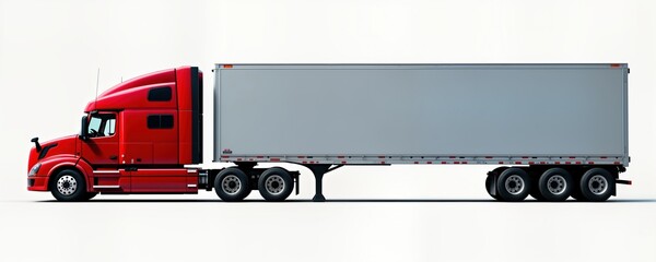 Red semi truck pulls large empty trailer. Commercial vehicle on white background. Transport logistics equipment for delivery. Modern truck design. Empty space for commercial use. Powerful