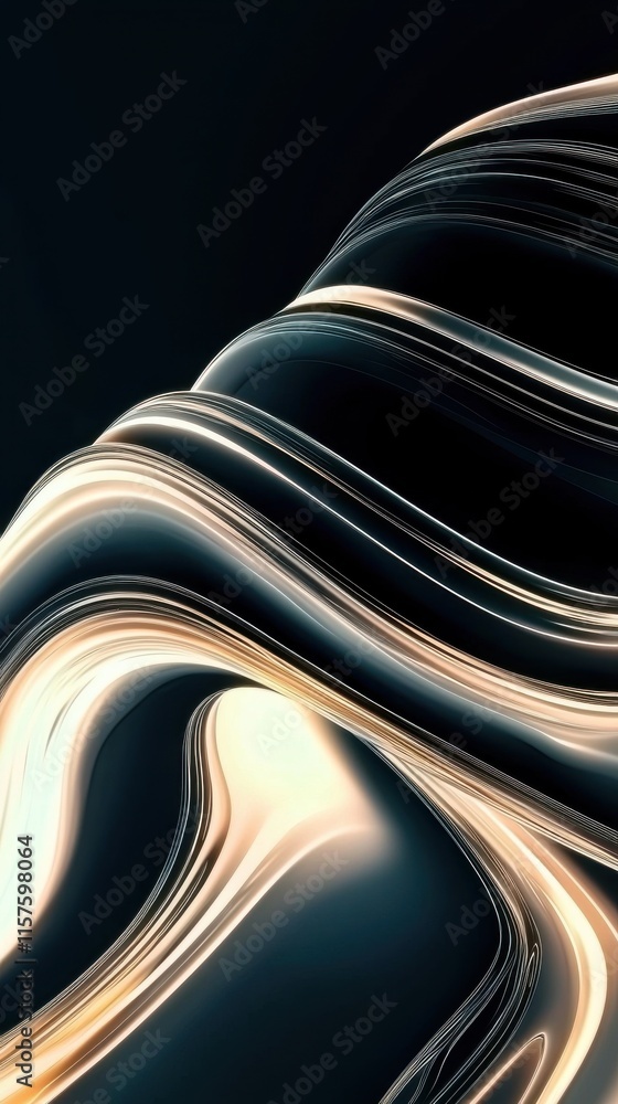 Poster dynamic minimal glowing curves in silver and black abstract art digital design modern space close-up