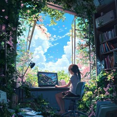 Girl Working Laptop Window Garden View Peaceful Day
