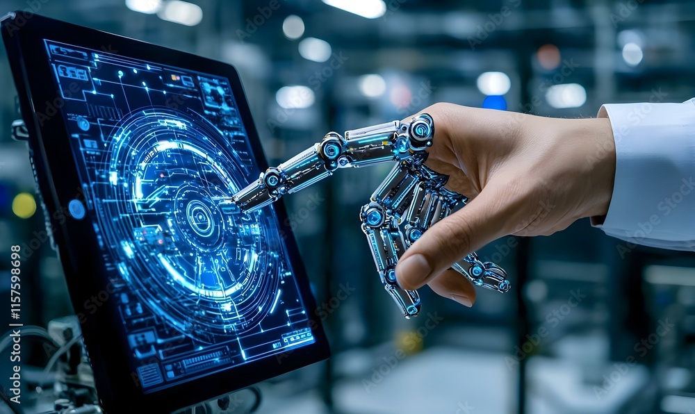 Aufkleber robotic hand interacting with virtual interface, a sleek robotic hand engages with a glowing digital