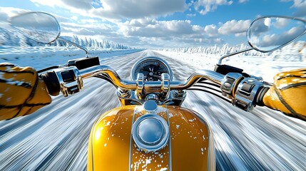 Naklejka premium Winter ride, gloved hand gripping a motorcycle handlebar, showcasing the chill of the season and the thrill of adventure.