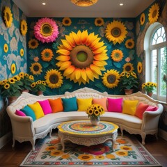 "A vibrant and artistic living room featuring a sunflower-inspired theme. The centerpiece is a large, colorful sunflower wall art, surrounded by intricate floral and cloud-like patterns on the walls.