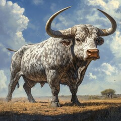 Majestic White Bull with Horns in a Savanna Landscape