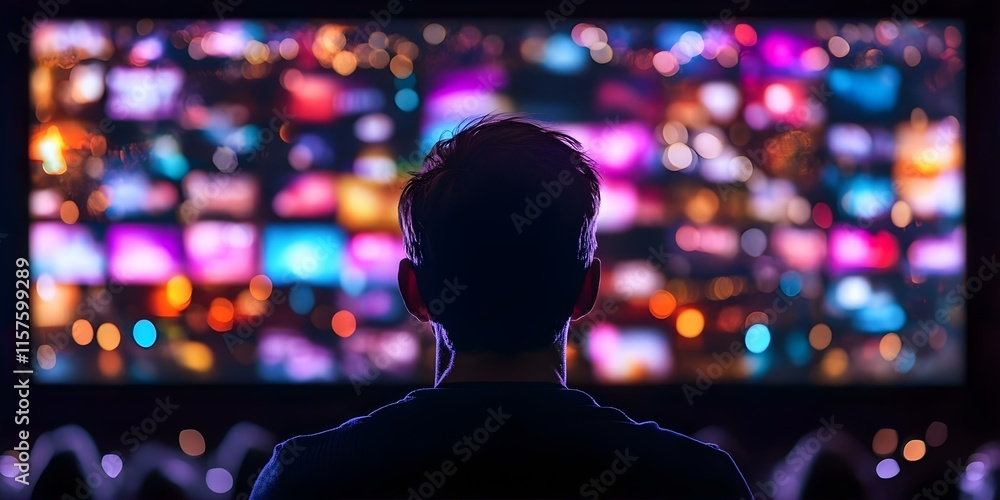 Poster a person watching a large screen filled with colorful images and lights, creating a vibrant and enga