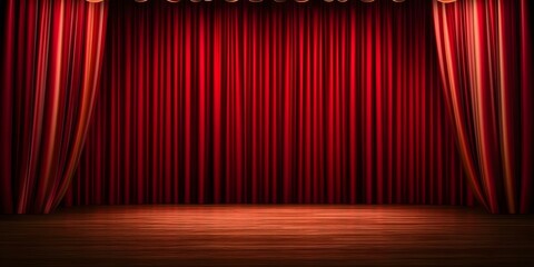 A stage with red curtains, illuminated by lights, set for a performance or presentation. Concept Theater Stage Setup, Dramatic Red Curtains, Stage Lighting Effects, Performance Readiness