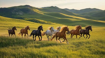 Fototapeta premium Wild horses running through green fields image. Free-spirited herd galloping on lush grass photography scene wallpaper. Nature animals equine wildlife concept photorealistic photo