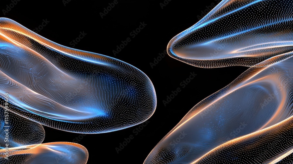 Poster dynamic minimal gradient spheres in soft blue and black abstract art digital environment futuristic 