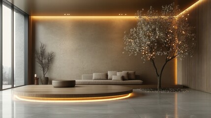 A serene modern interior featuring a circular wooden platform, sofa, and decorative tree.