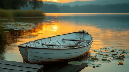 Obraz premium White rowboat floating serenely on tranquil lake image. Sunset reflections water lilies. Rustic lakeside boat photography scene wallpaper. Relaxing boating concept photorealistic photo