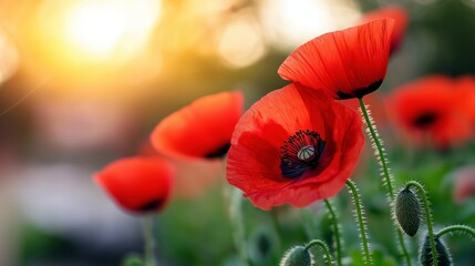 Naklejka premium Radiant poppies basking in sunshine glow closeup image. Golden hour nature serene sunset. Blooming wildflowers close up photography. Tranquil countryside concept photo realistic
