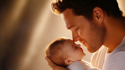 Tender moment: father and newborn bonding in warm light