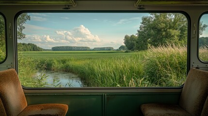 Scenic countryside view through train window image. Lush green field, tranquil water stream photography scene wallpaper. Sunny day. Peaceful journey concept photorealistic photo