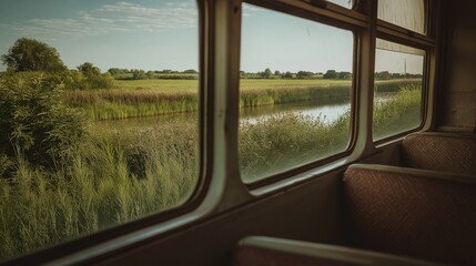 Tranquil canal seen from train window image. Grassland travel nostalgic rural waterway photography scene wallpaper. Countryside charm. Peaceful journey concept photorealistic photo