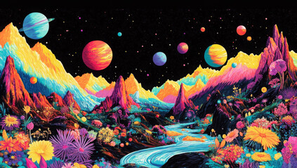 Colorful cosmos with pop art and graffiti elements, featuring surreal landscapes and fantastical creatures. Graffiti Pop. Illustration 
