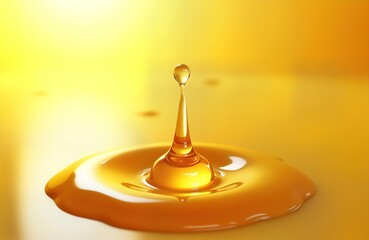 Golden liquid drop on yellow surface. Fluid dynamic design element. Perfect for food cosmetic product imagery. Macro shot emphasizing texture. Stylish abstract visual. Good for health, wellness