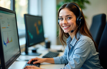 Smiling woman wearing headset uses computer help desk software. Happy customer support agent answers helpdesk tickets. Pro communication in office. Modern tech for customer support. Smiling business