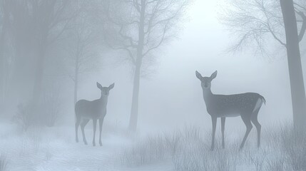 A pair of deer foraging in a misty winter woodland. 
