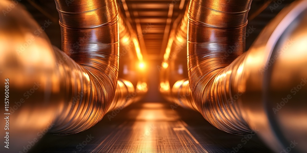 Poster a close-up view of metallic pipes reflecting warm light, creating a tunnel-like perspective with a g