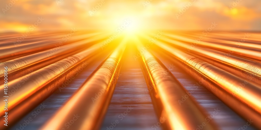 Poster sunlight streaming over long, shiny pipes, creating a warm glow against a backdrop of a colorful sun