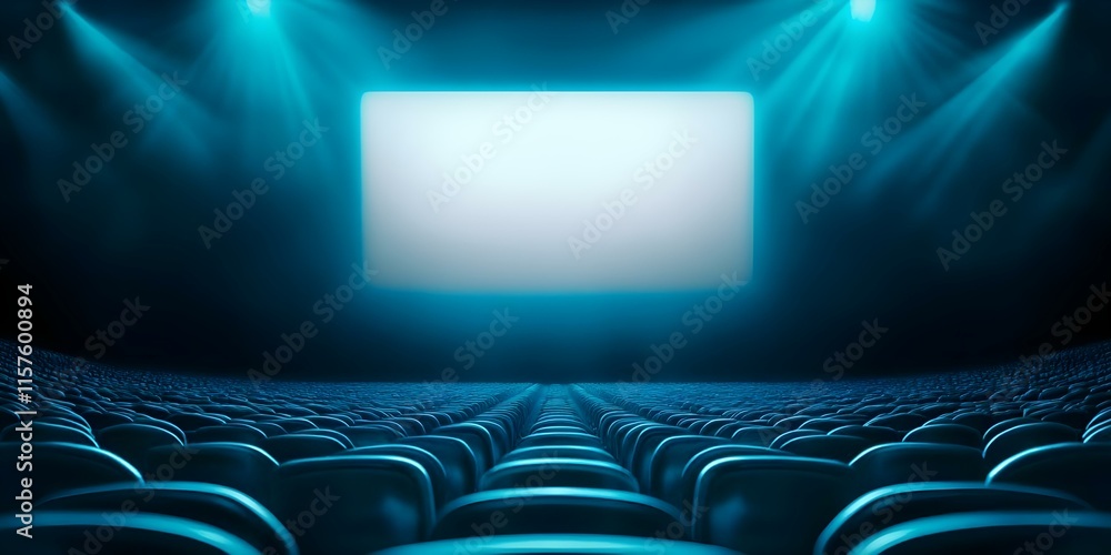 Poster an empty movie theater with rows of seats and a large blank screen illuminated by blue light. concep