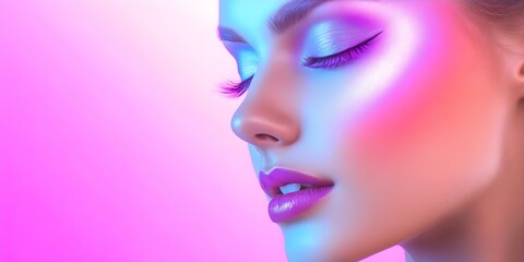 A close-up profile of a woman's face with vibrant, colorful lighting and makeup, showcasing a modern and artistic aesthetic. Concept Artistic Makeup, Vibrant Lighting, Close-Up Portrait
