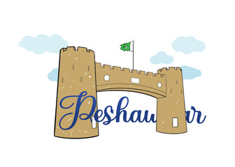 Khyber Pass Peshawar KPK Monument Landmark Illustration - with 'Peshawar' typography