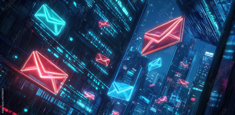 Poster neon envelopes in blue and red colors float in a high-tech urban setting, illuminated by glowing scr