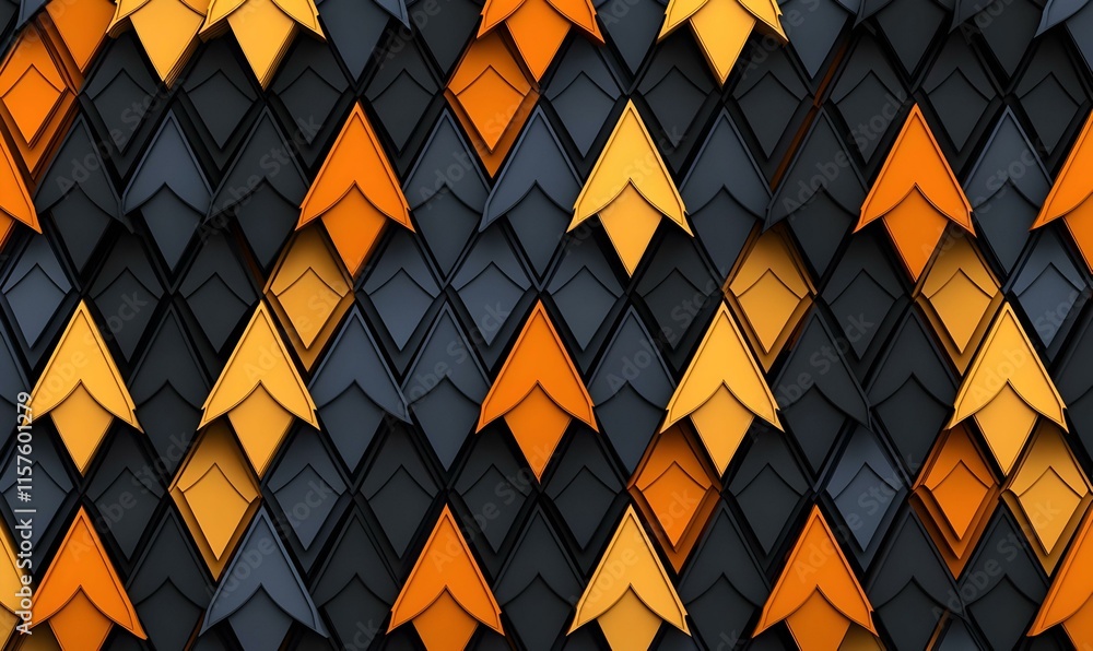 Poster orange arrow patterns on a grey backdrop create a dynamic visual rhythm, conveying movement and dire