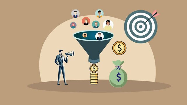 Customer Funnel Conversion Concept. Flat design animation of A businessman stands beside a large funnel, collects gold coins symbolizing potential leads. lead generation process. 
