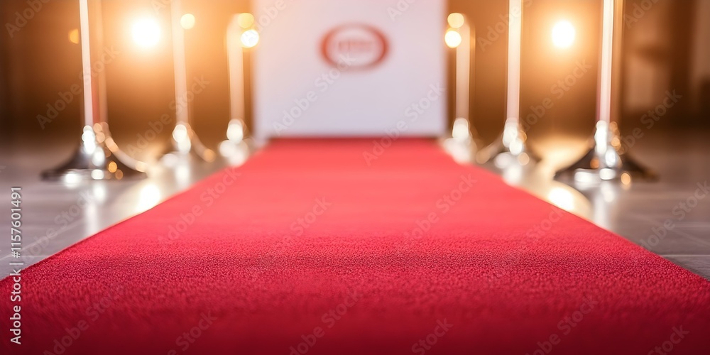 Poster a red carpet leading to a backdrop, illuminated by bright lights, creating an elegant entrance setup