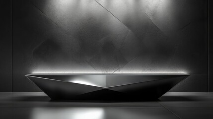 Sleek silver podium with sharp corners, lit by a spotlight 