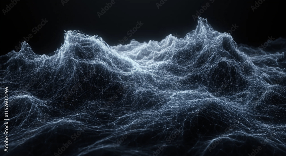 Aufkleber 3d rendering of an abstract black background with flowing waves of particles and dots, embodying a f